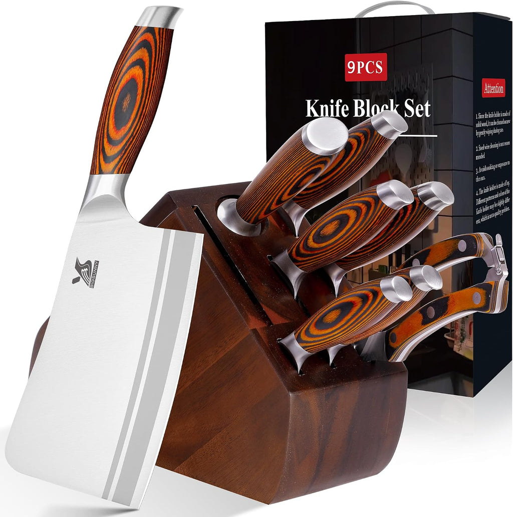 Juego de 9 piezas de cuchillos de cocina con bloque, juego de cuchillos de acero alemán con picador de huesos, mango de madera de Pakka preciosa para juego de cuchillos de chef