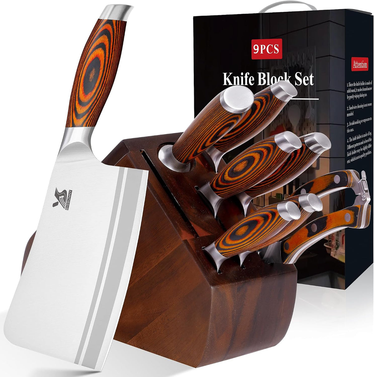 Juego de 9 piezas de cuchillos de cocina con bloque, juego de cuchillos de acero alemán con picador de huesos, mango de madera de Pakka preciosa para juego de cuchillos de chef