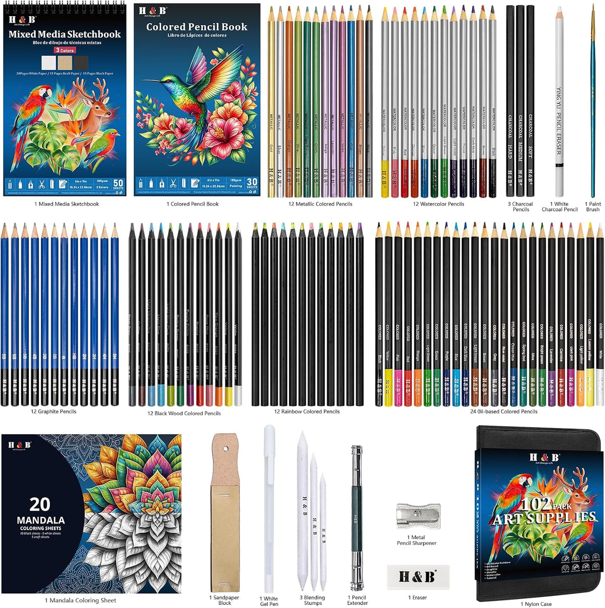 H & B Kit de boceto de 101 piezas para adultos con 3 libros y estuche con