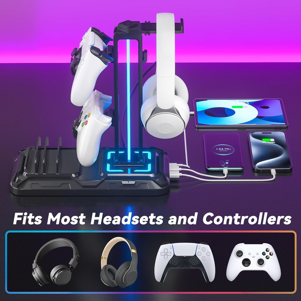 KDD Headset Stand con carga Station - Detachable Controller Holder con 9 Light Modes - Rotatable Headphone Hanger con USB &C Charger puertos - Earphone Hook para PC Gaming Accessories Storage