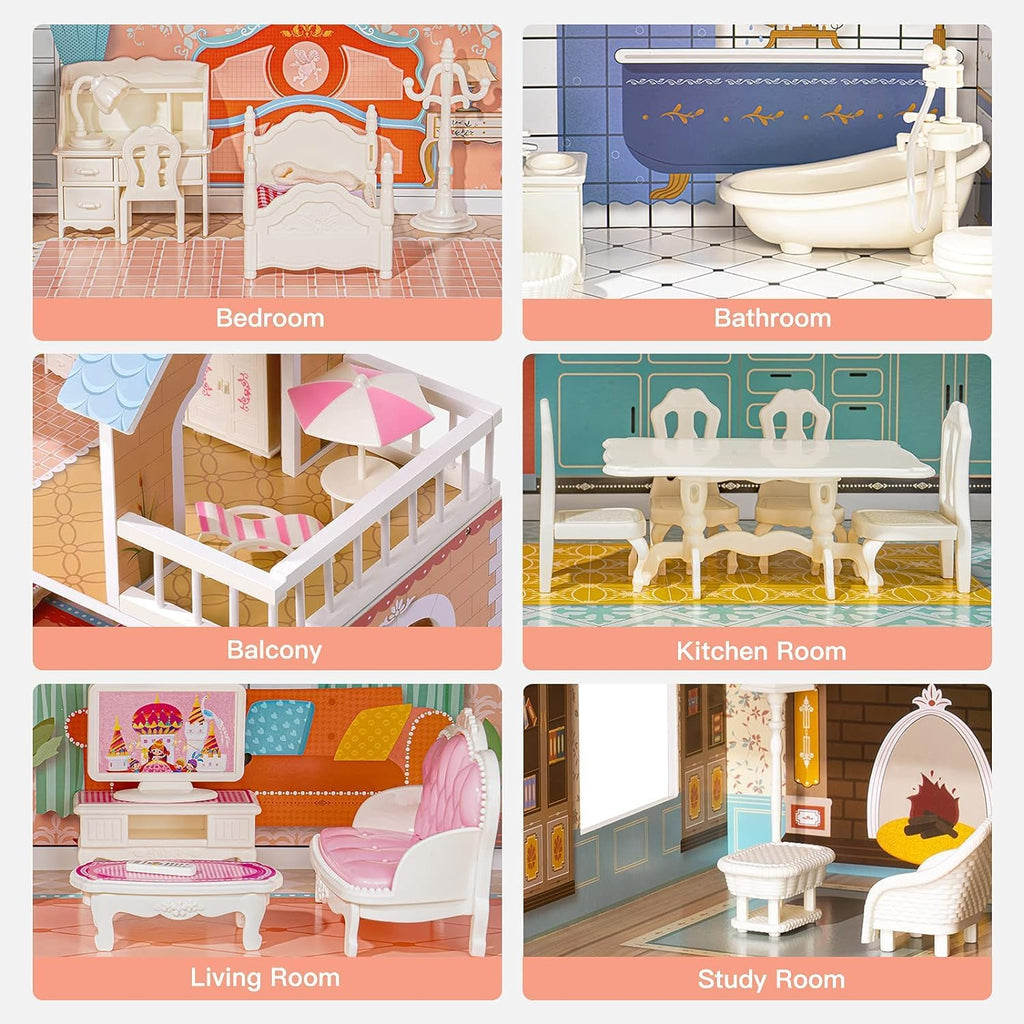 ROBUD Casa de Muñecas de Madera con Muebles Azul para Niñas de 3-6