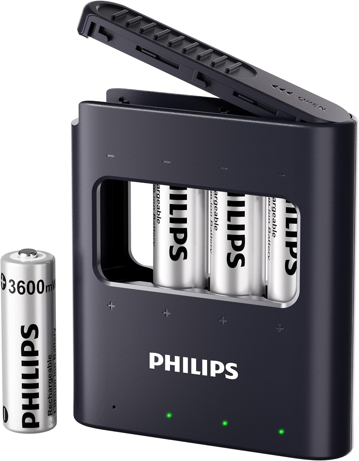 Lámpara PHILIPS Batería de litio AA recargable, paquete de 4, batería de iones de litio de 1.5 V 3600 mWh, 1200 baterías de larga duración funciona con controladores de juego