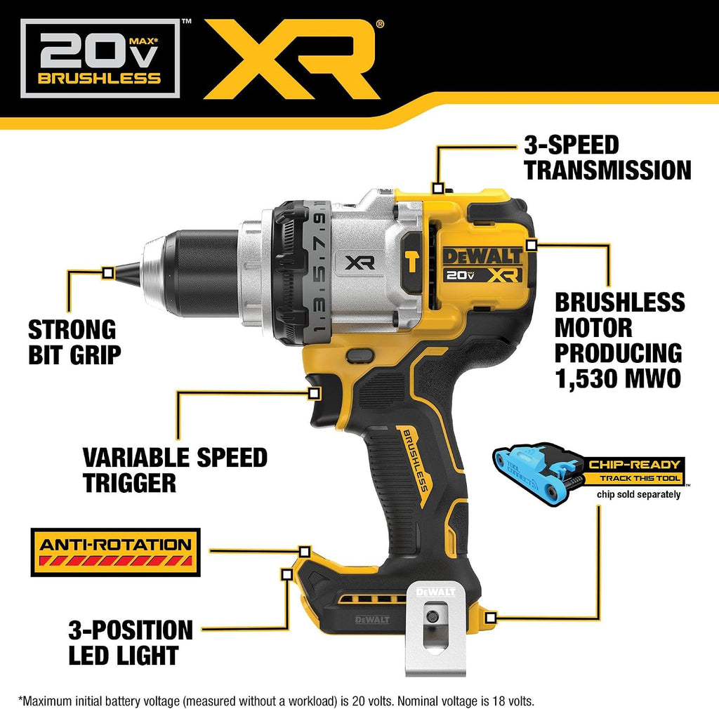 DEWALT Taladro de martillo inalámbrico sin escobillas de 20 V MAX XR de 1/2 pulgada, batería no incluida (DCD1007B)