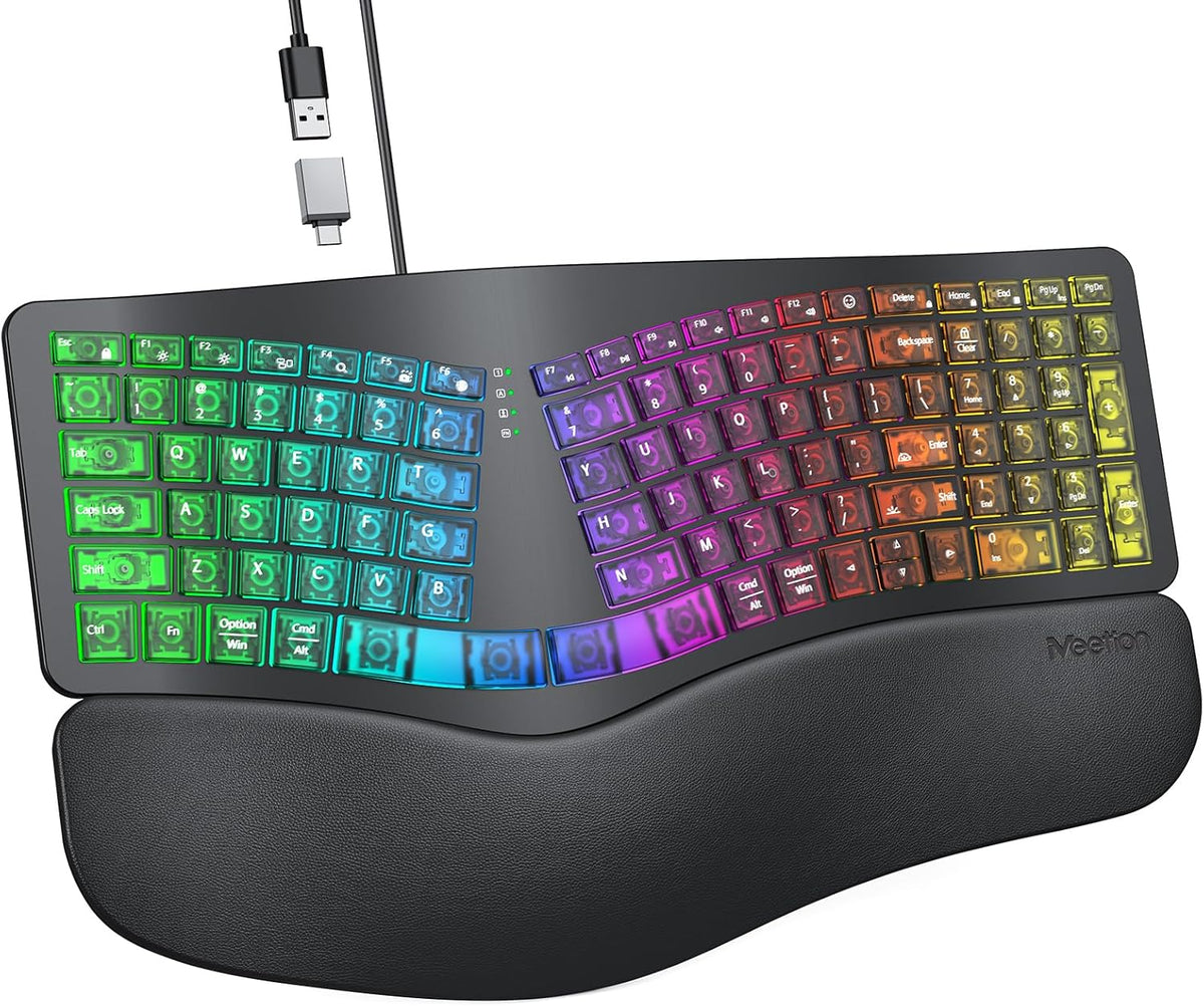 MEETION Teclado ergonómico con cable, retroiluminación transparente...