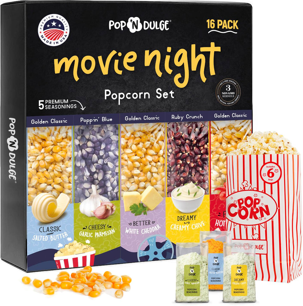 Pop n' Dulge Palomitas de maíz para noche de cine, set de regalo de 16 piezas, 5 paquetes de palomitas gourmet sin OMG, 5 paquetes de variedad de condimentos, snacks kosher, gran idea de regalo para