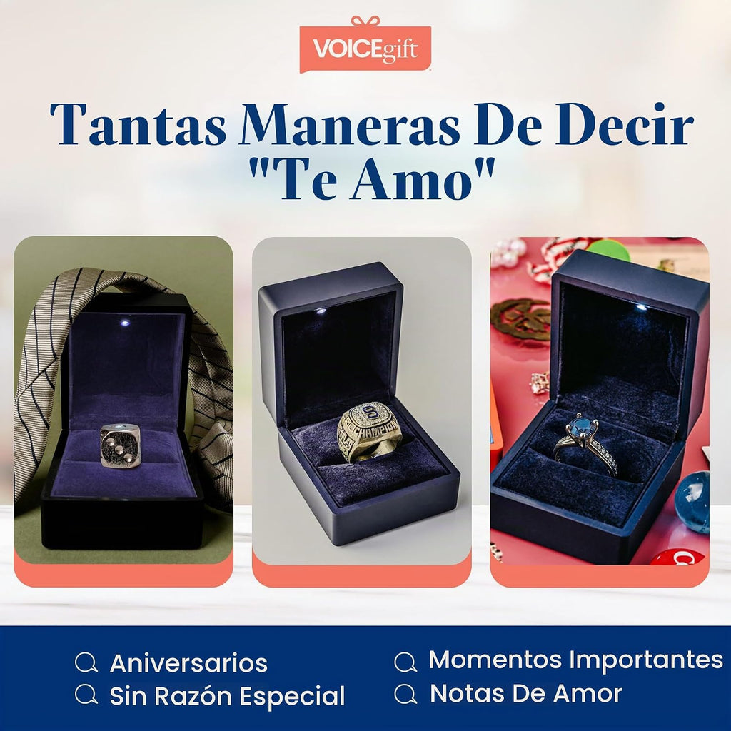 Caja de anillo grabable con luz LED, grabadora de voz de 60 segundos, caja de regalo de joyería de terciopelo para propuesta, compromiso y recuerdo, azul medianoche