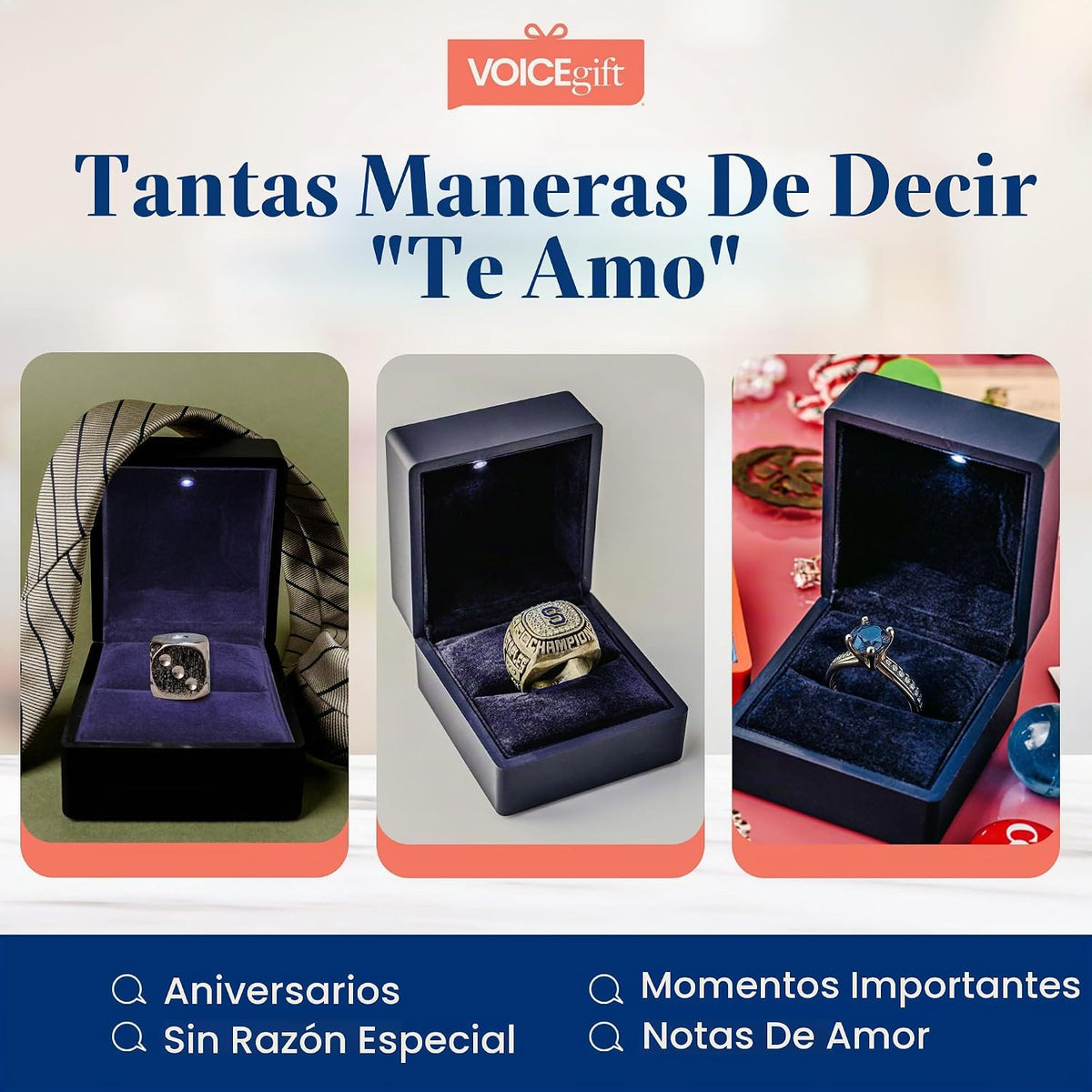 Caja de anillo grabable con luz LED, grabadora de voz de 60 segundos, caja de regalo de joyería de terciopelo para propuesta, compromiso y recuerdo, azul medianoche