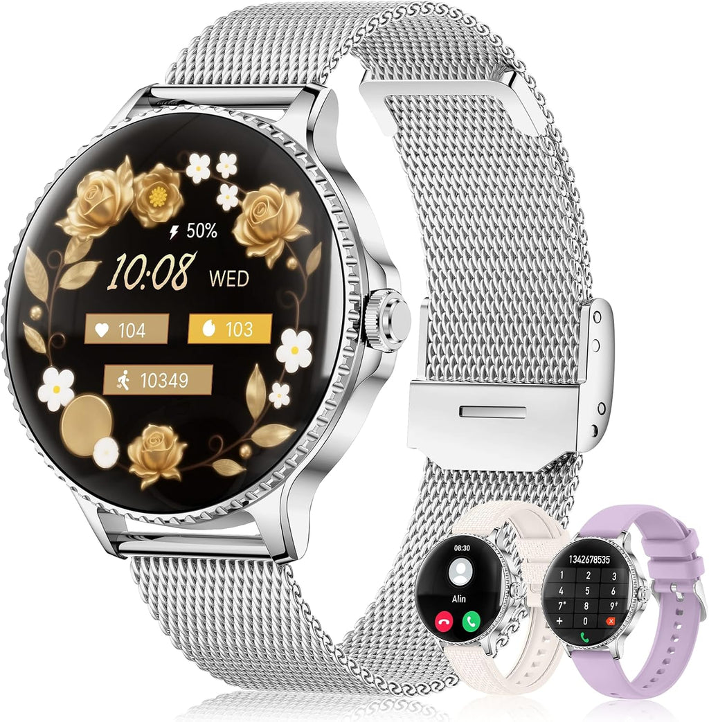 Reloj inteligente para mujer, pantalla AMOLED ultra clara de 1.32 pulgadas con llamadas Bluetooth (respuesta/hacer) seguimiento de actividad/frecuencia cardíaca y monitor de sueño, más de 120 modos