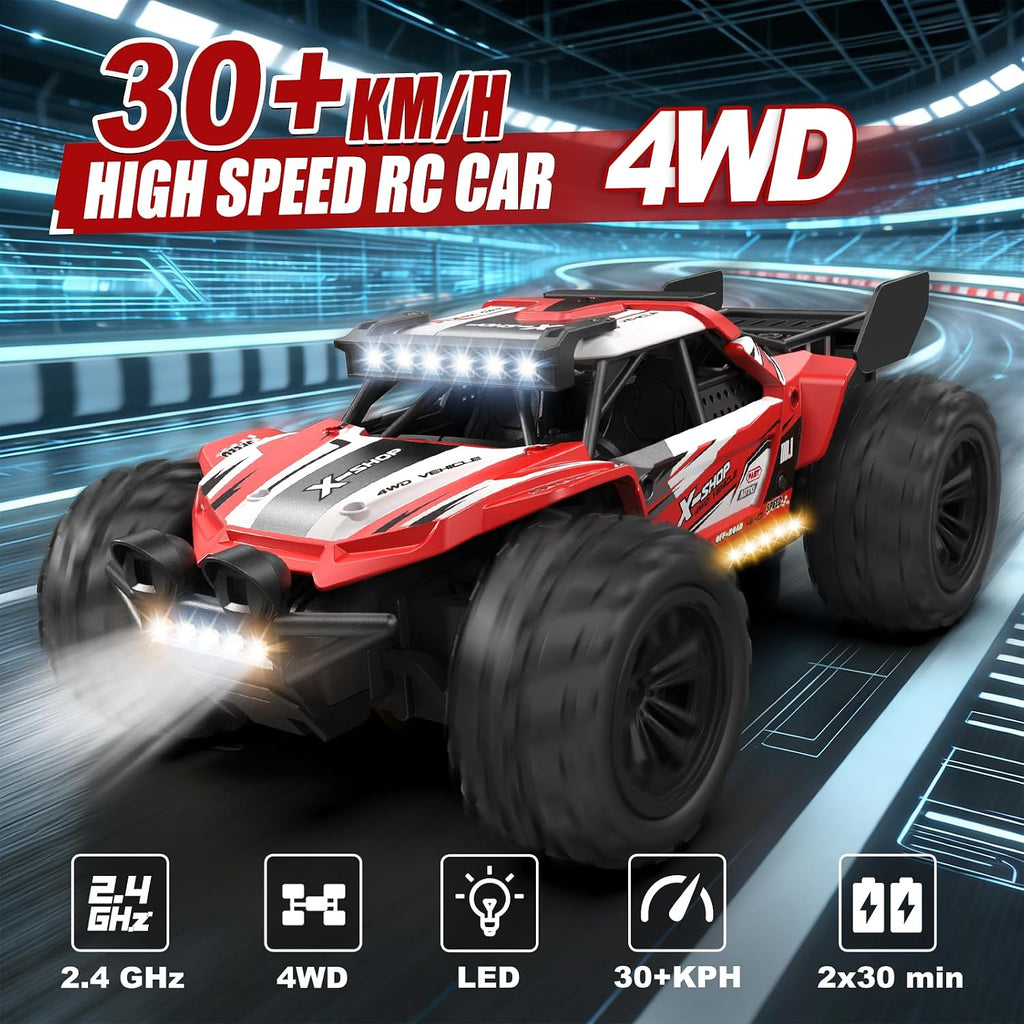 Auto de control remoto, 4WD de alta velocidad 30+KPH RC Cars para niños de 8 a 12 años, 2.4 GHz, camión RC Monster Truck 1:18 con 2 baterías recargables y luces LED, regalos de cumpleaños para