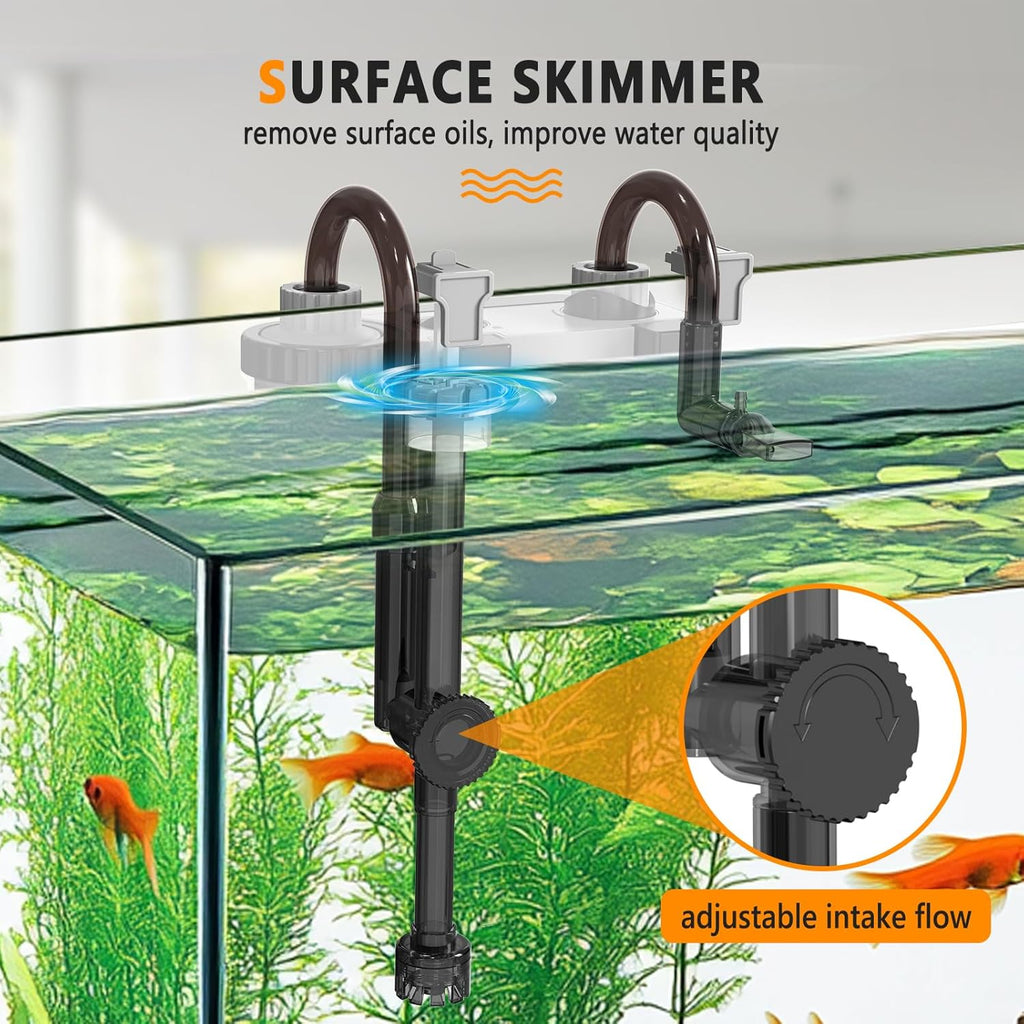 hygger Filtro de acuario silencioso para colgar en la parte posterior, filtro de tanque de peces pequeño de 5 a 30 galones con barra rociadora de superficie, 3 almohadillas de hilo dental, flujo ajustable, fácil cambio de agua 132 GPH