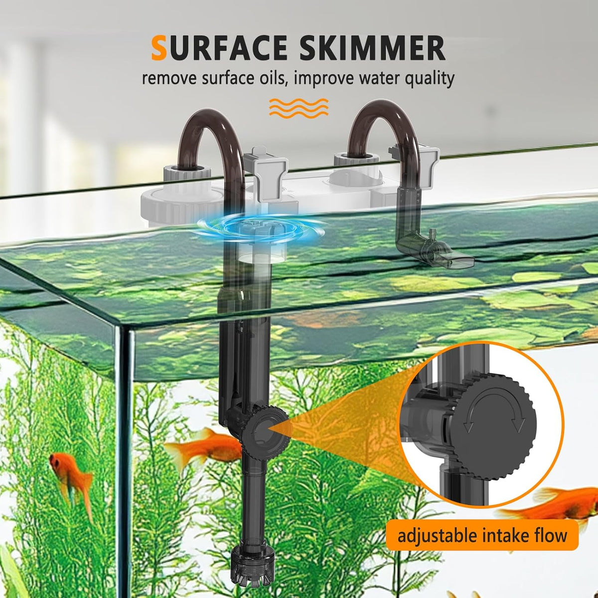 hygger Filtro de acuario silencioso para colgar en la parte posterior, filtro de tanque de peces pequeño de 5 a 30 galones con barra rociadora de superficie, 3 almohadillas de hilo dental, flujo ajustable, fácil cambio de agua 132 GPH