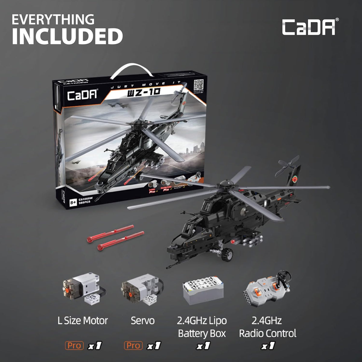 CADA Z-10 Kit de construcción de helicóptero motorizado – 989 piezas con batería recargable, motores duales, controlador de 2.4 GHz – Juego de helicóptero de ladrillo RC compatible con las principales