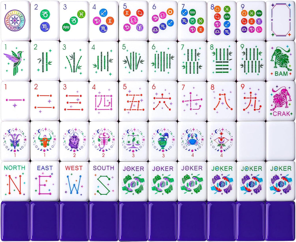 American Mahjong - Juego de azulejos de 160 azulejos acrílicos con 4 estantes y empujadores de azulejos Mahjong todo en uno, 12 diseños del zodiaco, colores de 4 capas, 100 fichas, 3 dados