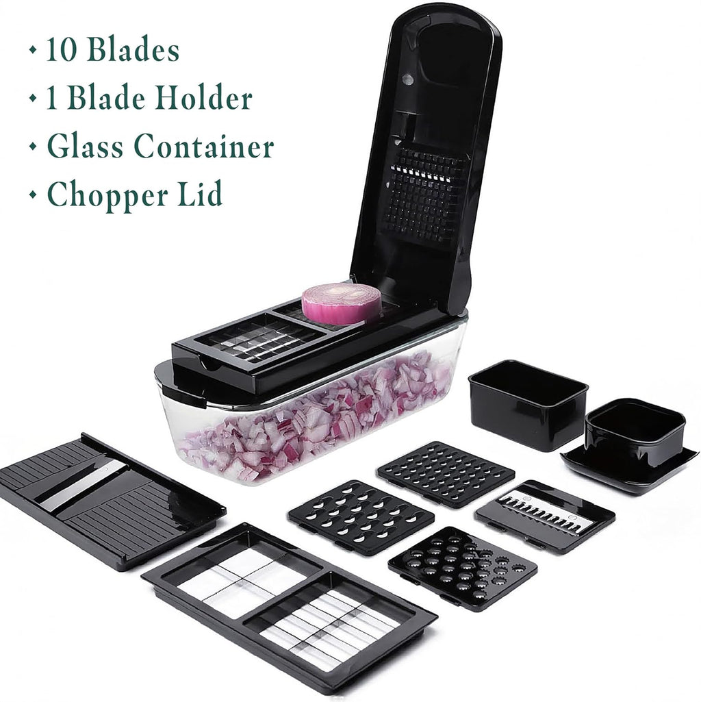 Le'raze Picadora de verduras 13 en 1 Pro con recipiente de vidrio, cuchillas de acero inoxidable, sin BPA, cortador de mandolina, manual