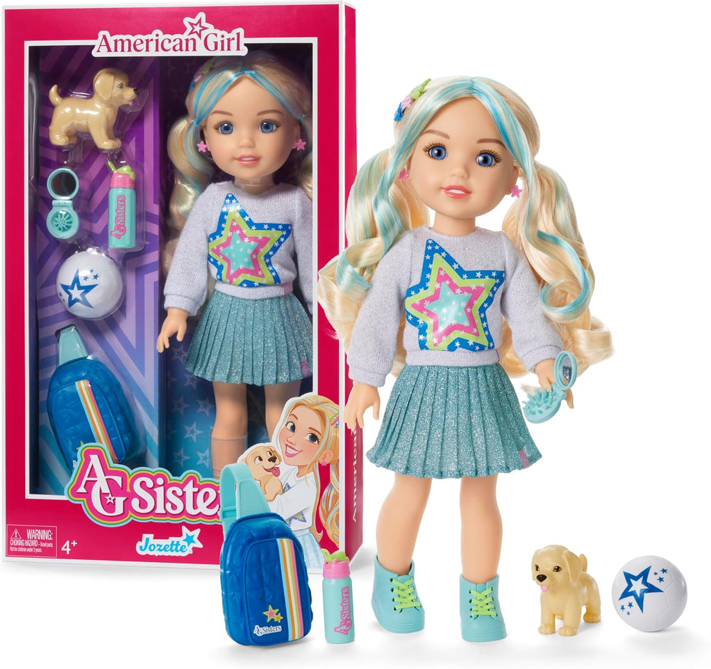American Girl, AG Sisters Jozette - Muñeca con ojos azules, cabello rubio largo ondulado con reflejos azules, 14.5 pulgadas, a partir de 4 años (exclusivo de Amazon)