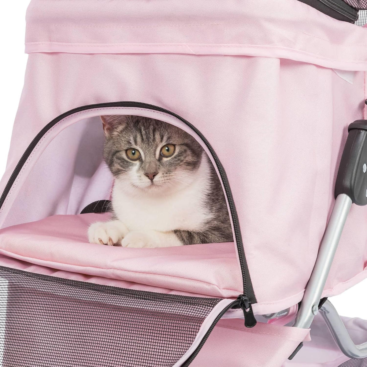 Trixie Cochecito plegable para mascotas para gatos y perros, carrito transportador de mascotas con cubierta climática, cesta de almacenamiento, soporte para tazas, rosa