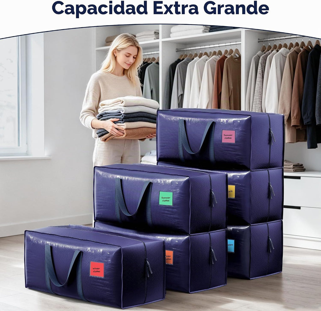 Paquete de 6 bolsas de mudanza resistentes de 210 GSM con cremallera lateral totalmente abierta, 93 L y 220 libras, impermeables, plegables para dormitorio universitario, alternativa de cajas de mudanza y organización del hogar, color azul