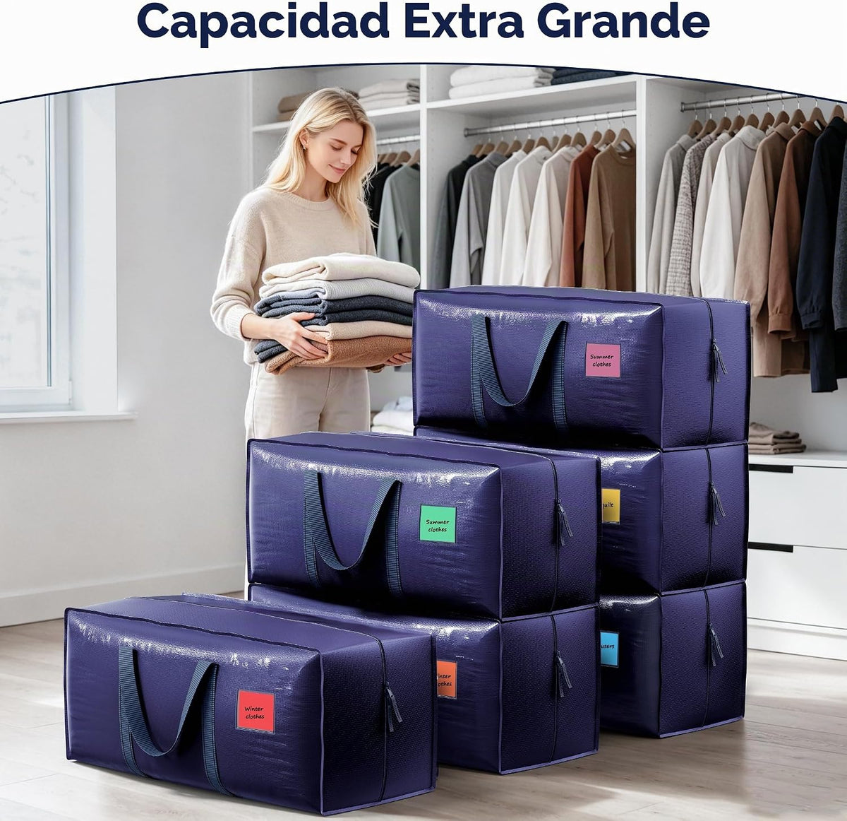 Paquete de 6 bolsas de mudanza resistentes de 210 GSM con cremallera lateral totalmente abierta, 93 L y 220 libras, impermeables, plegables para dormitorio universitario, alternativa de cajas de mudanza y organización del hogar, color azul