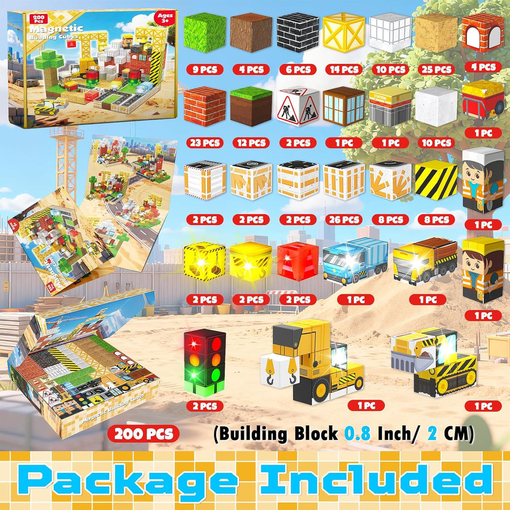 ToyUnited - 200 bloques magnéticos iluminados, bloques de construcción magnéticos, apilables, temática de construcción, STEM Montessori sensorial, regalos de cumpleaños, juguetes para niños y niñas de 3 a 12 años