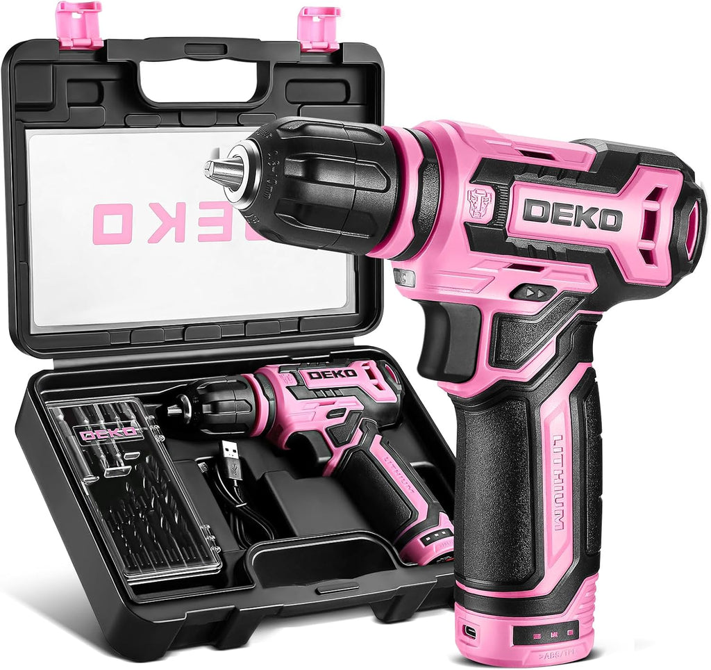 Taladro inalámbrico: juego de taladro eléctrico DEKOPRO de 12 V con taladros eléctricos rosa de 800 RPM con caja de regalo, juego de taladro rosa para mujer