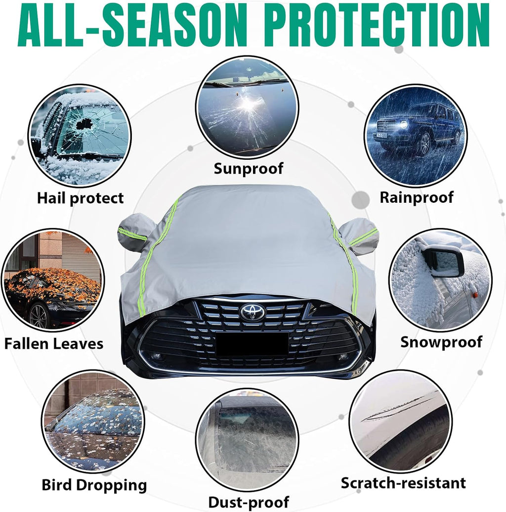 Funda para automóvil con tira reflectante verde, protector de granizo con forro de algodón, cubierta de parabrisas para hielo y nieve, cubierta de carrocería para todo tipo de clima para sol, lluvia, polvo