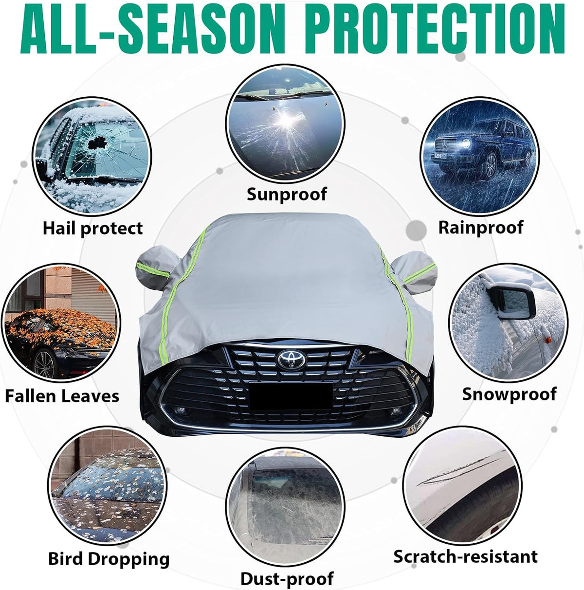 Funda para automóvil con tira reflectante verde, protector de granizo con forro de algodón, cubierta de parabrisas para hielo y nieve, cubierta de carrocería para todo tipo de clima para sol, lluvia, polvo
