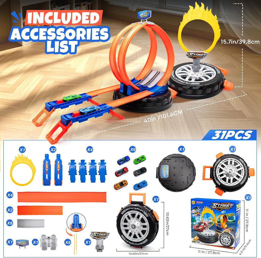 Race Tracks para Kids Ages 4-8, 2 en 1 Race Car Track Stunt Tire Shaped Case