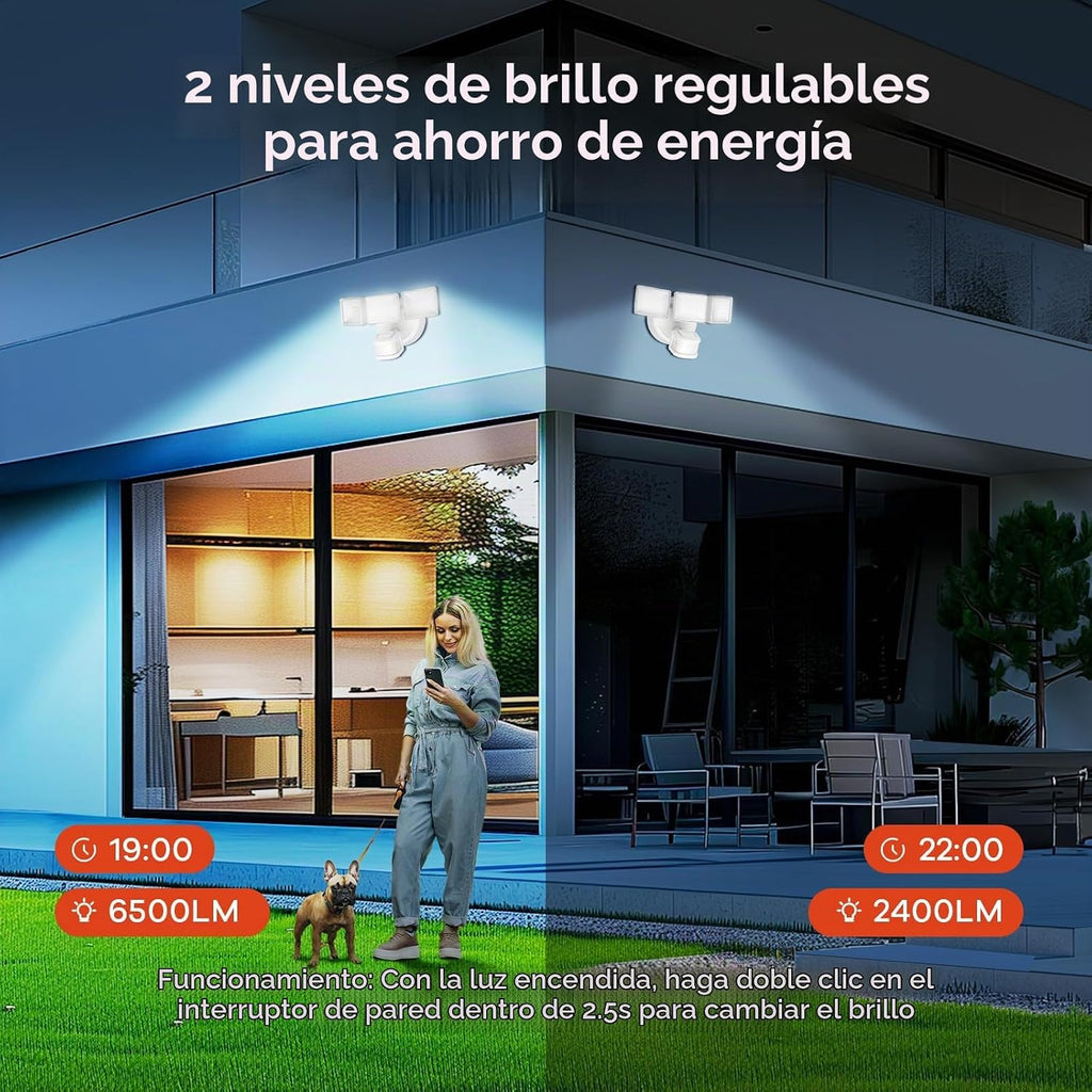 OREiN Luz de inundación para exteriores con sensor de movimiento de 42W 6500LM, luz de seguridad LED cableada, 4 modos de iluminación, detección PIR dual de 240°, del atardecer al amanecer