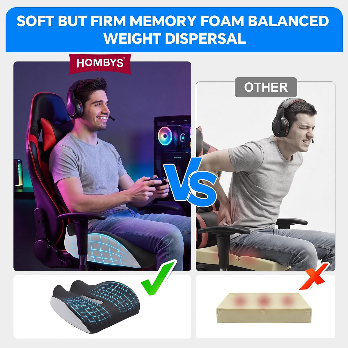 HOMBYS Cojín ergonómico para silla de juegos, cojín grueso de espuma viscoelástica con borde elevado para una presión prolongada al sentarse, cojín para silla de juego para hombres y mujeres