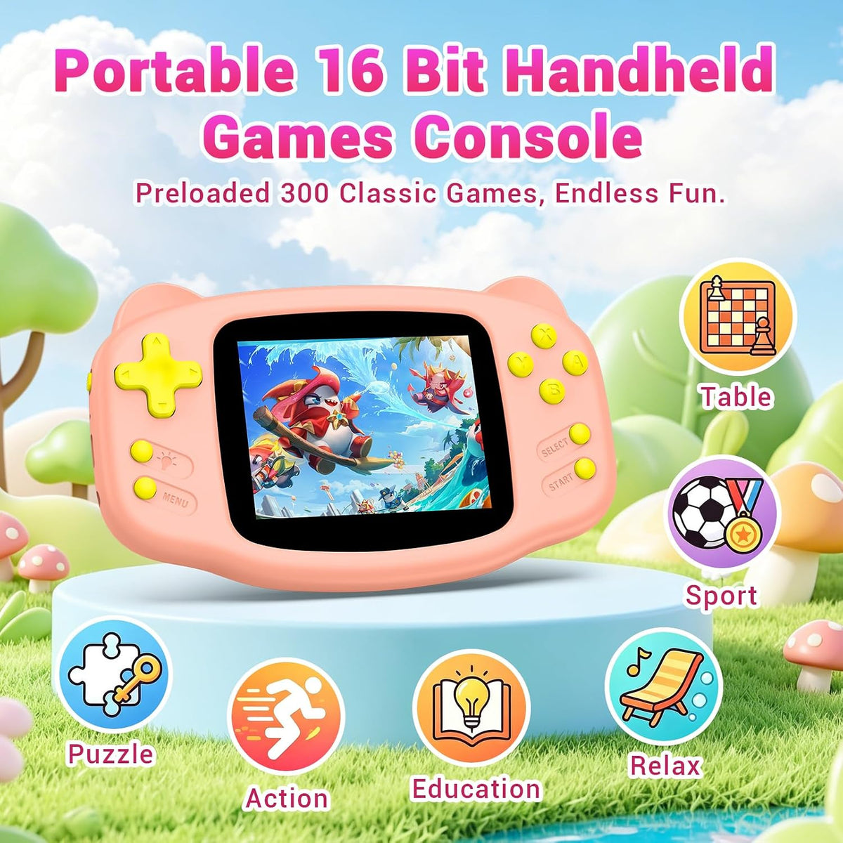 Juego de mano para niños, 300 juegos retro integrados, consola de videojuegos portátil de 16 bits con batería recargable, pantalla HD de 3.2 pulgadas, consola de juegos retro, juguete de viaje para