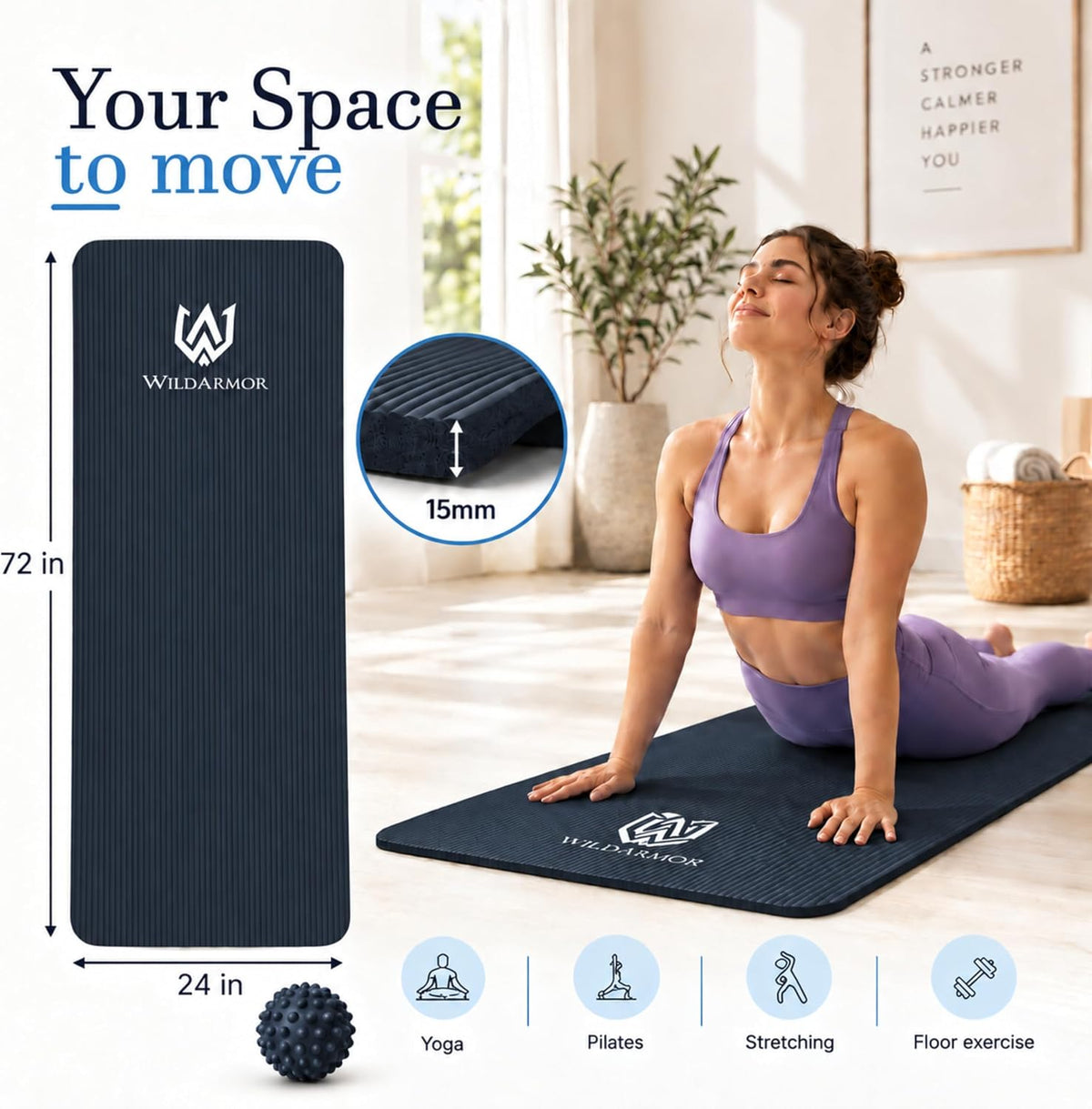 Tapete de yoga extra grueso, antideslizante de 0.591 in NBR, 72 x 24 pulgadas, viene con bola de masaje TPE y cronómetro digital, alfombrilla de entrenamiento para ejercicio en casa, fitness, pilates