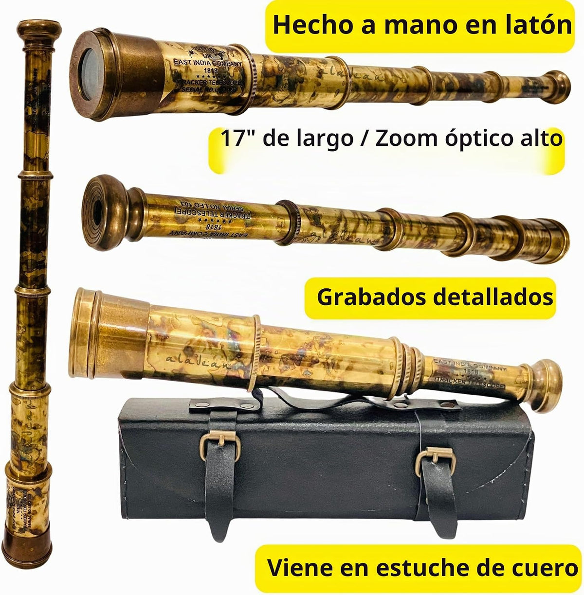 Raro telescopio de latón y catalejo - East India Company 1818 Tracker Vintage Catalejo pirata antiguo grande en caja de regalo de cuero cosido a mano (BT-EIC17)