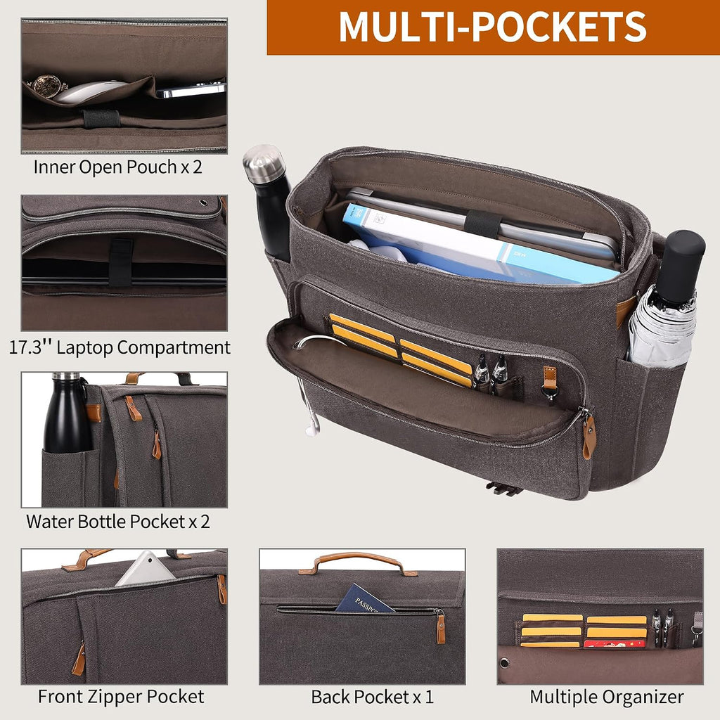 ESTARER Bolso Bandolera para Hombres 17-17.3 Pulgadas, Bolso para Laptop Resistente al Agua, de Lona, Bolso para Computadora al Hombro, Maletín para Trabajo, Universidad, Viaje, Gris