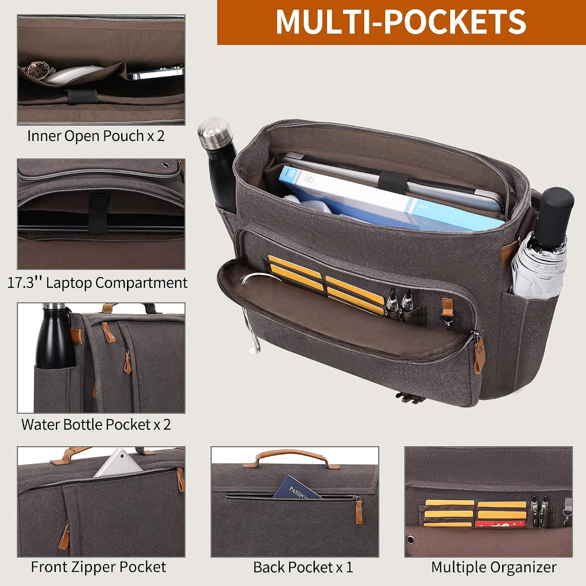 ESTARER Bolso Bandolera para Hombres 17-17.3 Pulgadas, Bolso para Laptop Resistente al Agua, de Lona, Bolso para Computadora al Hombro, Maletín para Trabajo, Universidad, Viaje, Gris