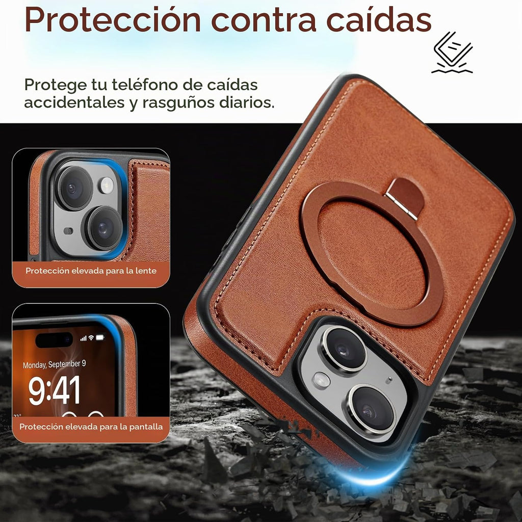 Funda para iPhone 15 con Soporte Compatible con Magsafe de Cuero PU Delgado y TPU Duradero a Prueba de Caídas Soporte Magnético Plegable Funda Protectora para Teléfono con Protector de