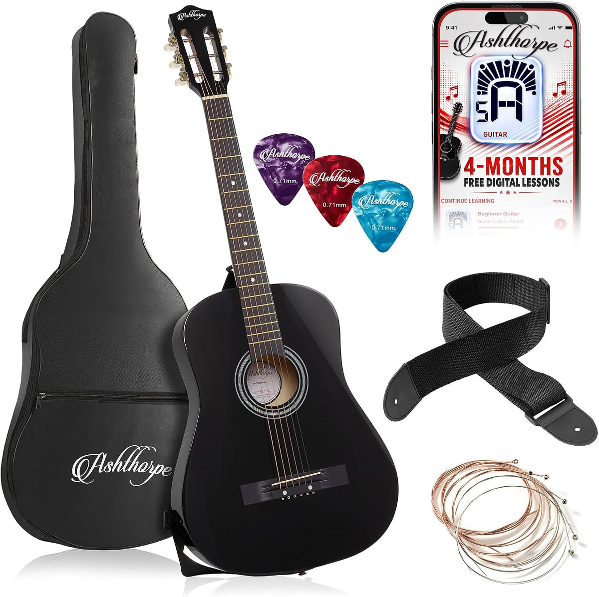Ashthorpe Guitarra acústica para principiantes de 38 pulgadas (negra), kit de inicio con bolsa de concierto, cuerdas adicionales, correa, púas y lecciones