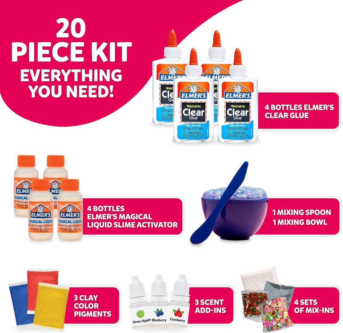 Kit de Slime Fruity Fusion de Elmer's, Incluye Elmer's Clear Glue, Activador Mágico de Slime Líquido, Pigmentos de Arcilla para Color, Aromas, Tazón para Mezclar, Cuchara, Kit de 20 Piezas