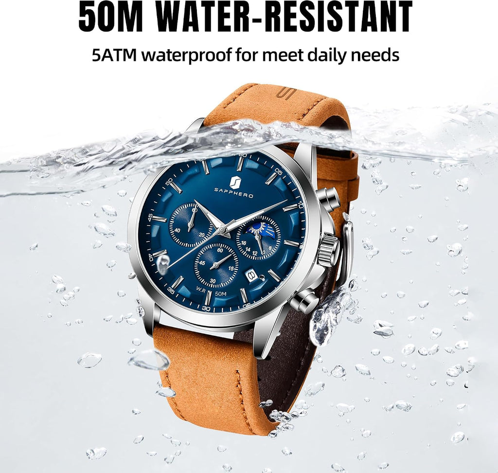 SAPPHERO Relojes cronógrafos para hombre, reloj analógico de acero inoxidable casual original para negocios, 50M, impermeable, luminoso, con esfera de fecha, regalo para hombre
