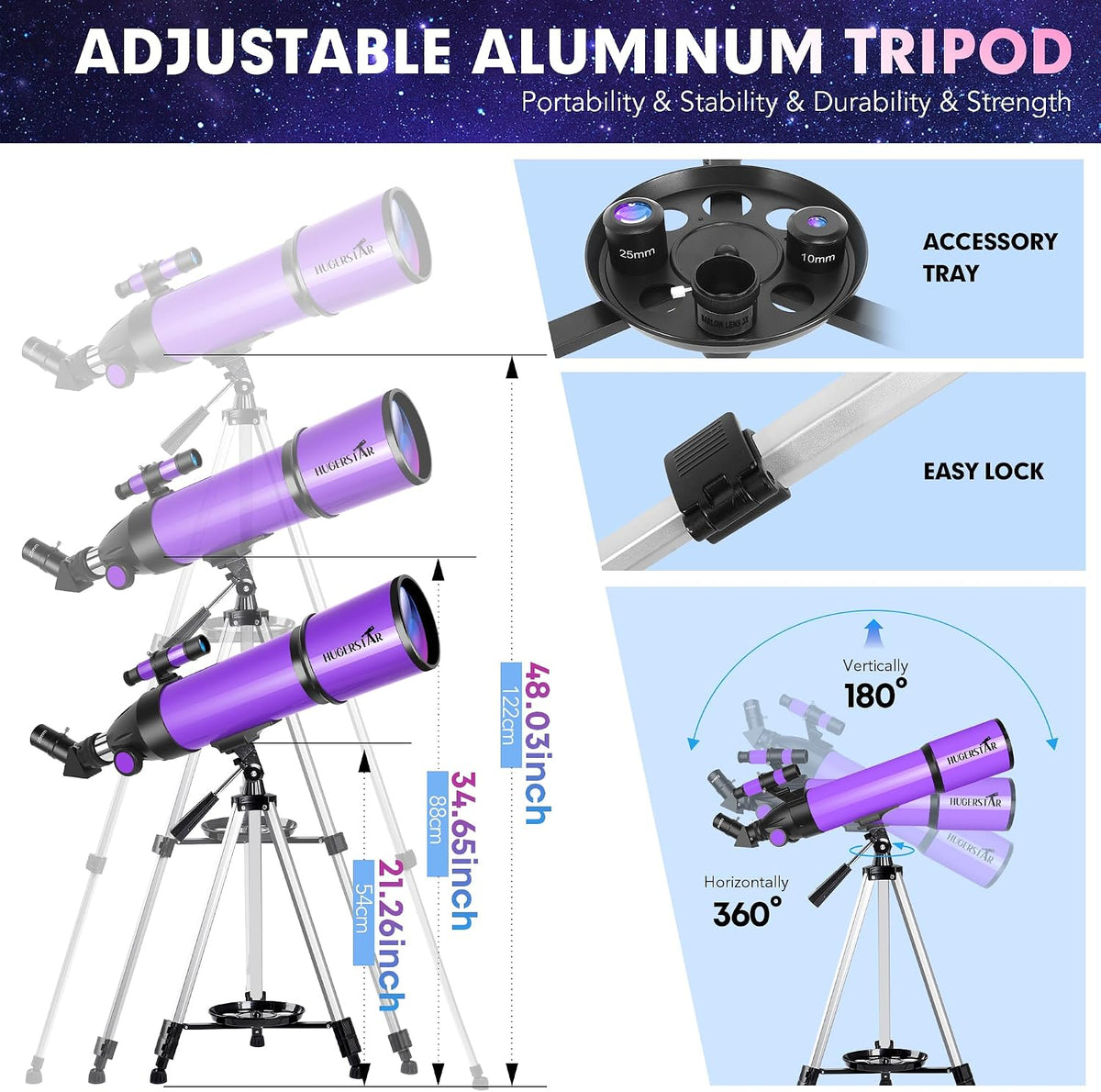 Telescopio, telescopio para adultos y niños y principiantes de astronomía, 3.150 in de apertura de 23.622 in telescopios refractores portátiles FMC óptica con trípode de montaje AZ