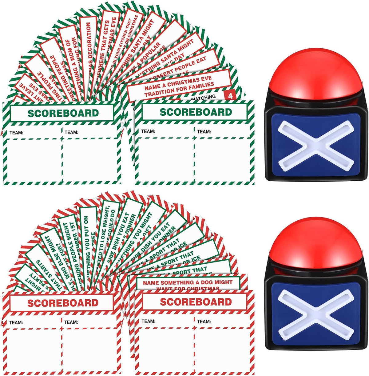 Syhood Juego de cartas navideño con 2 zumbadores de respuesta, noche de juego de preguntas familiares de Navidad, actividades divertidas de fiesta para adultos, oficina, aula, grupo grande y