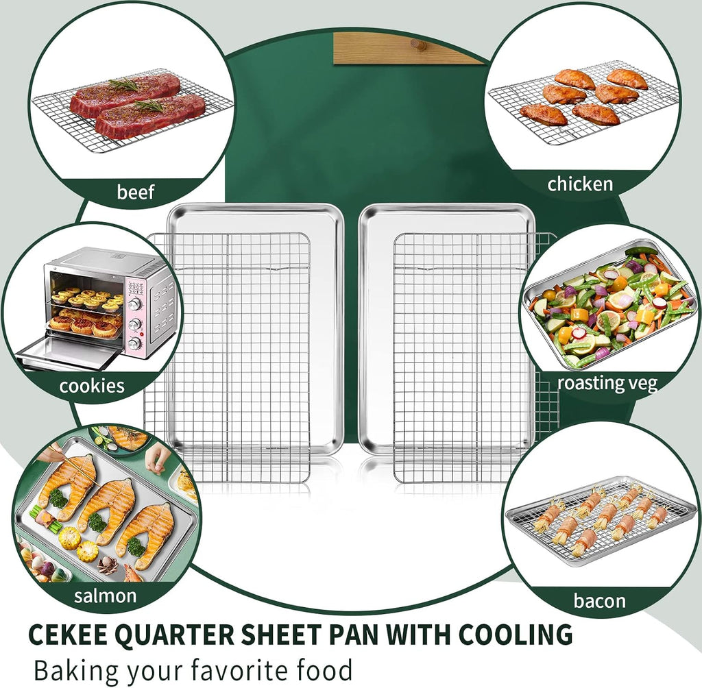 Bandeja de un cuarto de hoja con rejilla de enfriamiento CEKEE [2 bandejas para hornear + 2 rejillas para hornear], bandejas de acero inoxidable CEKEE para galletas y rejilla de alambre - resistentes