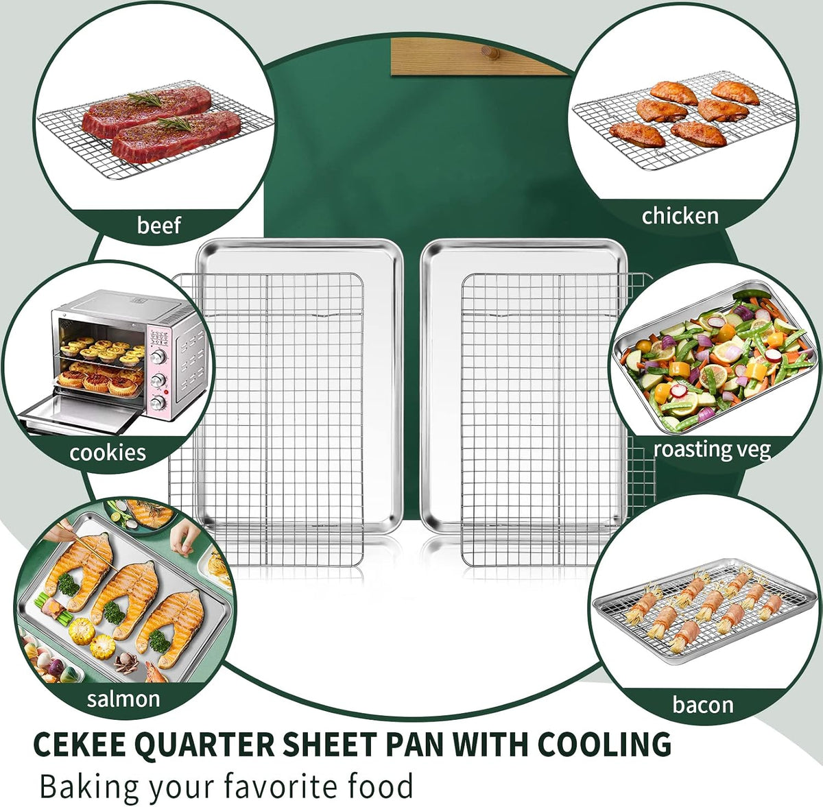 Bandeja de un cuarto de hoja con rejilla de enfriamiento CEKEE [2 bandejas para hornear + 2 rejillas para hornear], bandejas de acero inoxidable CEKEE para galletas y rejilla de alambre - resistentes