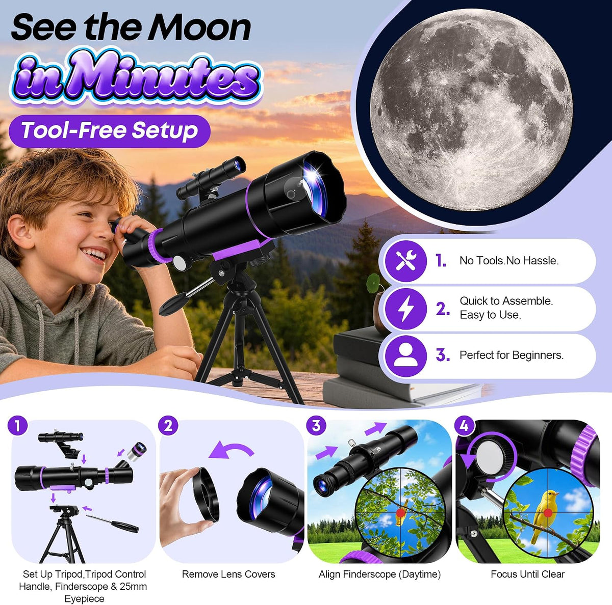 Telescopio para niños de 8 a 12 años y adultos, refractor de 3.150