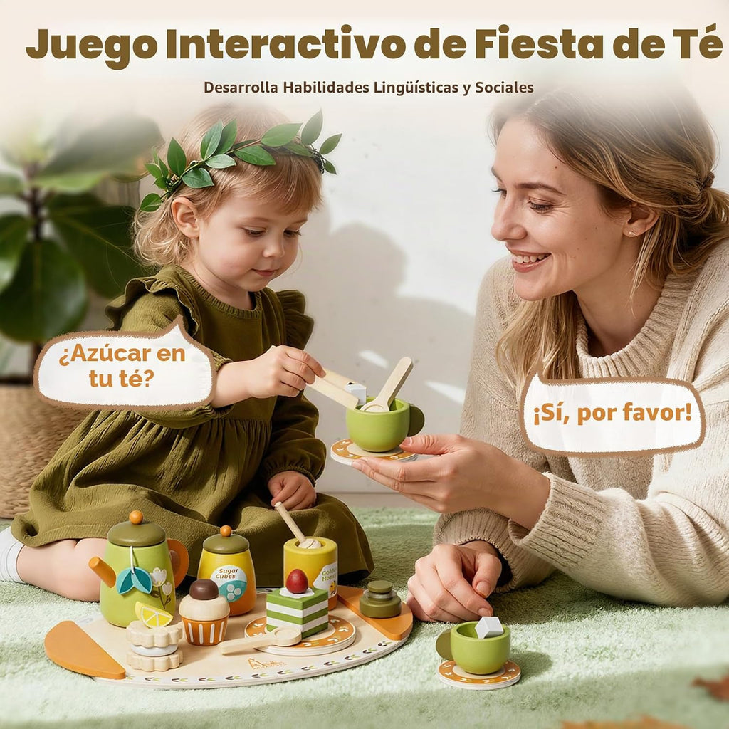 Wooden Tea Party Set para Kids 3-5 con Desserts Honey Dipper Girls Boys