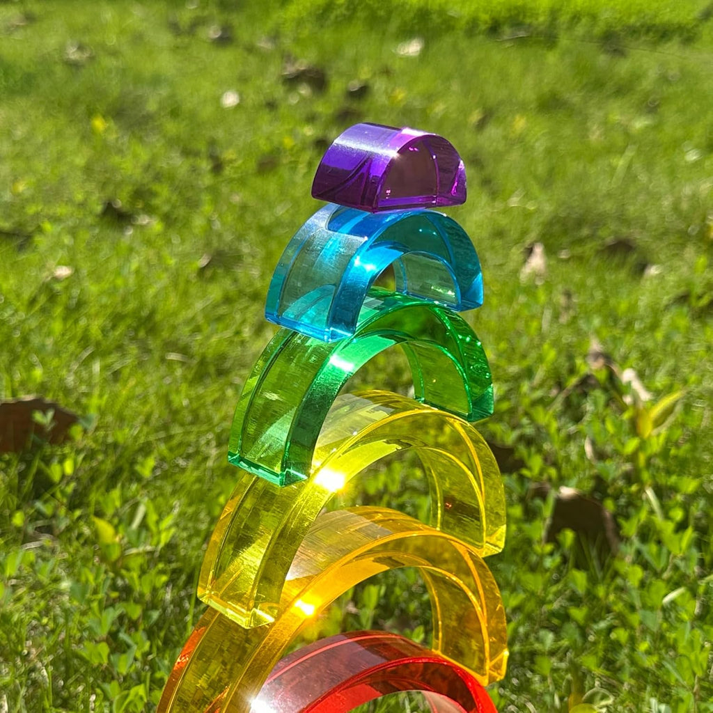 6 piezas de juguete acrílico de arco iris, 100% acrílico, puente de arco Montessori, bloques de construcción de arco iris para niños, juguetes educativos de aprendizaje de luz sensorial