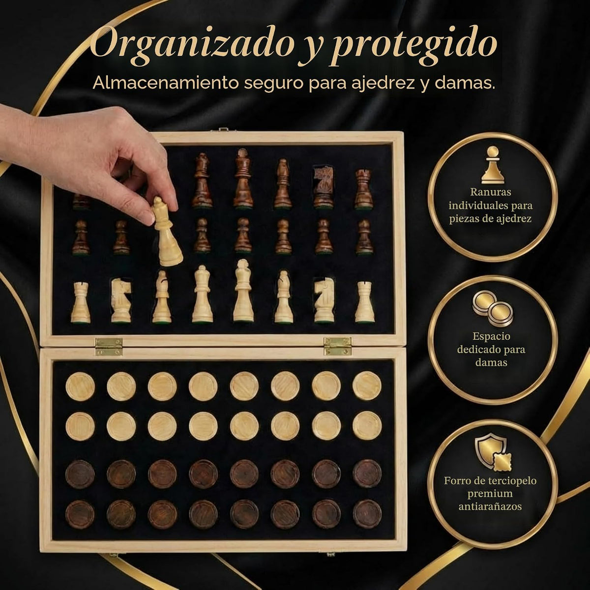 Juego de ajedrez magnético y damas, tablero de madera plegable de 15 x 15
