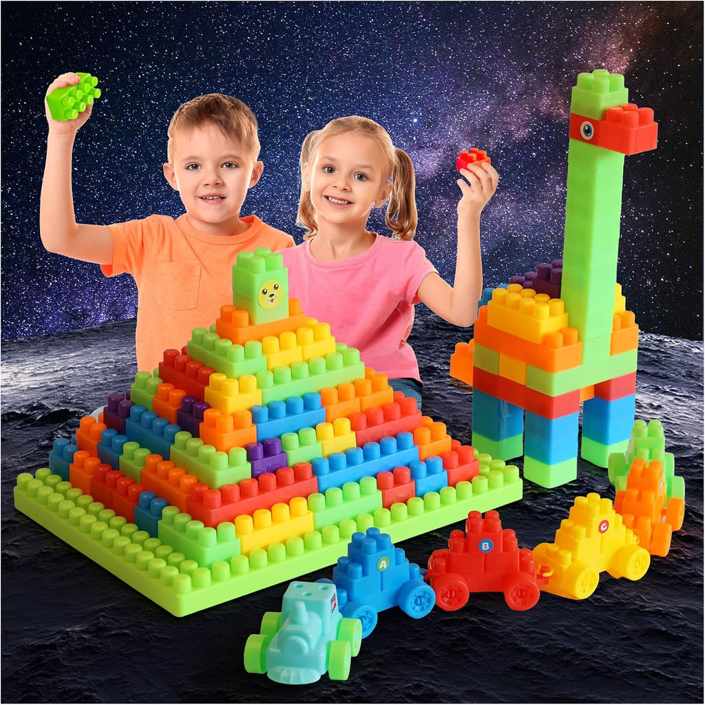 177 piezas de bloques de construcción grandes de 1 x 1-1 x 3 pulgadas para niños pequeños - Juego de ladrillos con autos y placa base, juguete educativo STEM para bloques de niños