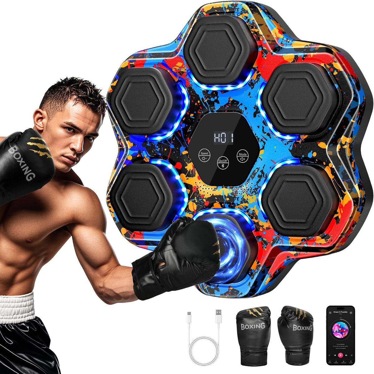 Máquina de Boxeo con Música, Máquina de Boxeo Inteligente Bluetooth con Guantes, Entrenador de Punching Montado en Pared para Niños y Adultos, Objetivo de Entrenamiento de Boxeo Electrónico LED