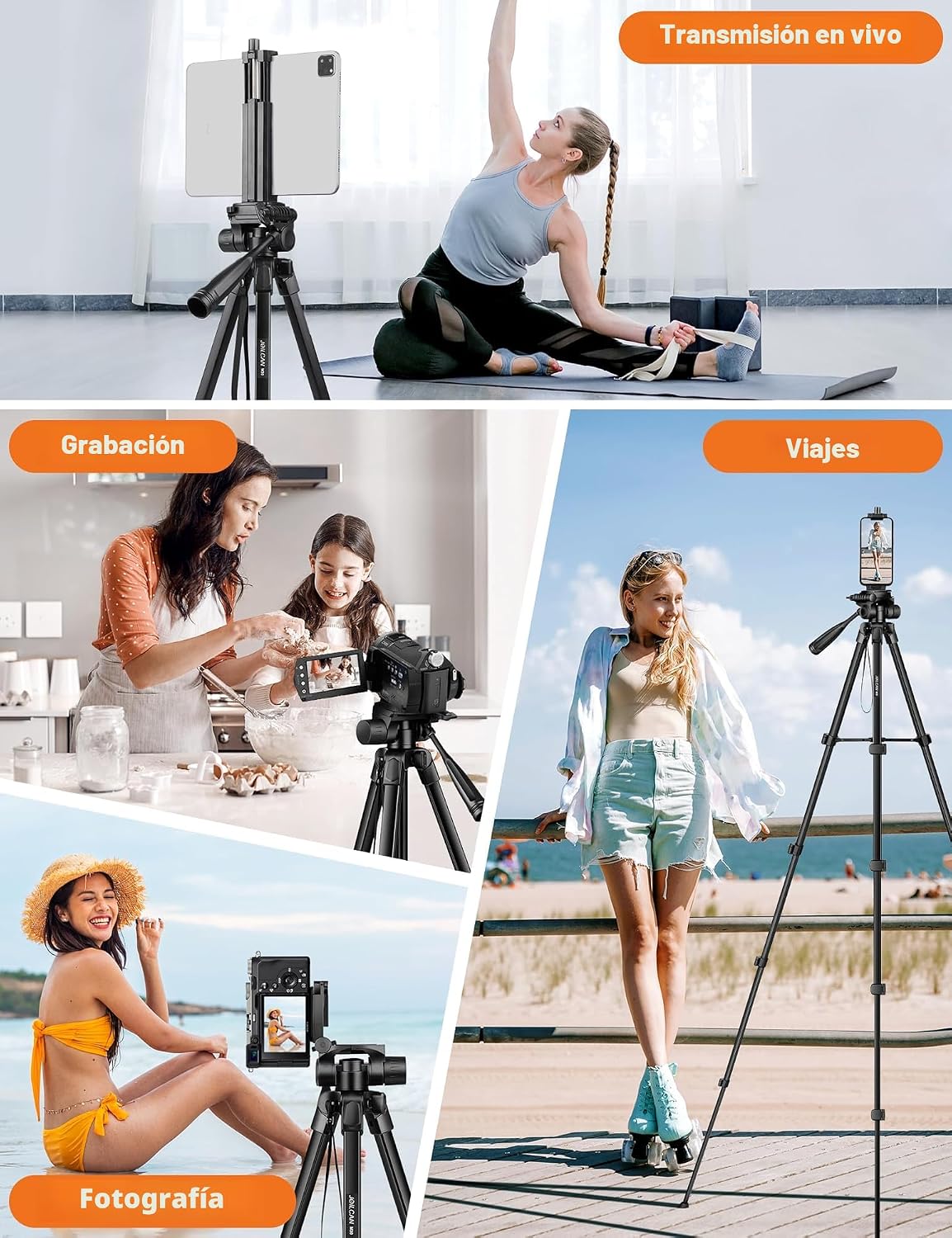 JOILCAN Soporte de trípode para teléfono, trípode de 68 pulgadas para iPad, iPhone, tableta con soporte universal remoto, bolsa de transporte, trípode de aluminio de viaje para grabación de video