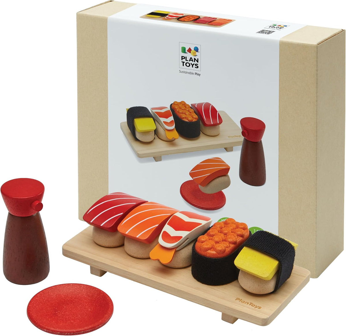 PlanToys Juego de sushi de madera (3627) | Hecho de forma sostenible de madera de caucho y pinturas y tintes no tóxicos